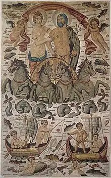 Triumph of Poseidon and Amphitrite showing the couple in procession, detail of a mosaic from Cirta, Roman Africa, 315–325&nbsp;AD, Louvre