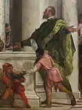 Detail of Jester with a parrot on his arm and an Apostle picking his teeth with a fork