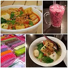 Image 110Some of the examples of ethnic Chinese influenced Malaysian cuisine, clockwise from top-right: grass jelly (凉粉) with Bandung, yong tau foo, Nyonya steamed layer cake (娘惹千层糕) and laksa noodle. (from Malaysian Chinese)