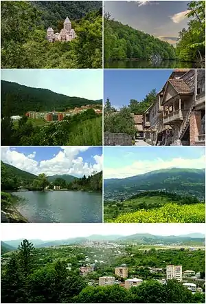 From top left:Haghartsin Monastery • Lake ParzUWC Dilijan • Sharambeyan street of old DilijanDowntown Dilijan • Dilijan skylinePanoramic view of Dilijan