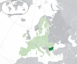 Location of&nbsp;Bulgaria&nbsp;(dark green)–&nbsp;in Europe&nbsp;(green &&nbsp;dark grey)–&nbsp;in the European Union&nbsp;(green)&nbsp; –&nbsp; [Legend]