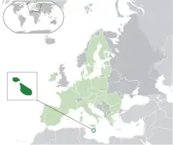 Location of&nbsp;Malta&nbsp;(green circle)–&nbsp;in Europe&nbsp;(light green &&nbsp;dark grey)–&nbsp;in the European Union&nbsp;(light green)&nbsp; –&nbsp; [Legend]