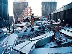 A piece of fuselage on the roof of 5&nbsp;World Trade Center