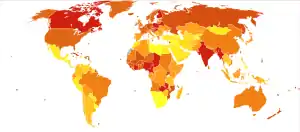 Deaths due to falls per million persons in 2012 &nbsp;&nbsp;0–15&nbsp;&nbsp;16–21&nbsp;&nbsp;22–33&nbsp;&nbsp;34–44&nbsp;&nbsp;45–55&nbsp;&nbsp;56–69&nbsp;&nbsp;70–88&nbsp;&nbsp;89–106&nbsp;&nbsp;107–129&nbsp;&nbsp;130–314