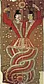 The two conjoined figures are Fuxi and Nuwa holding a compass and a ruler respectively; a painting discovered at the Astana Graves. Burial objects in the Turpan region often display a strong Chinese influence as Chinese Han culture was introduced early in its history.