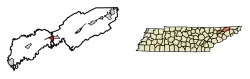 Location of Bean Station in Grainger and Hawkins counties in Tennessee