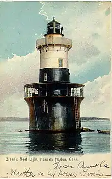 Greens Ledge Lightstands in open water about 10 feet (3.0 m) deep, about 1 km from land