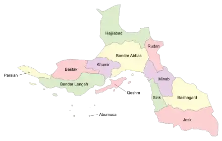 Location of Jask County in&nbsp;Hormozgan&nbsp;province (bottom right, pink)