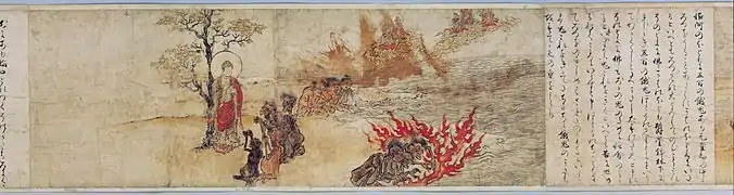 Scene using the iji-dō-zu technique: the group of demons is first depicted burning below, then listening to the sermons of the historical Buddha in the middle, and finally drinking and reaching the heavens above. Gaki Zōshi&nbsp;[fr], 12th century