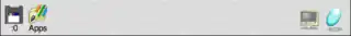 Screenshot of the icon bar under RISC OS 5 showing the following: Left portion, from left&nbsp;–  Discs (in this case a single USB flash drive via SCSIFS), Apps folder (Resources:$.Apps), Right portion, from right&nbsp;–  Task Manager, Display Manager