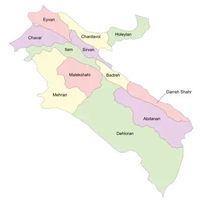 Location of Mehran County in Ilam province (left, yellow)