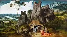 St Jerome in the Desert, c. 1520, oil on panel, 78 × 137&nbsp;cm (30.7 × 53.9 in), Louvre, Paris