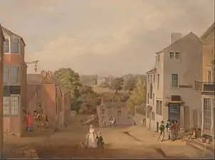 Street Scene in Chorley, Lancashire, with a view of Chorley Hall, by John Bird of Liverpool, c. 1795