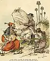 "John Bull hated to drop his bundle&nbsp;..." Political cartoon about "England's commercial interests in the Orient". The woman represents Armenia.