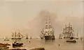 "H.M.S. Britannia at Anchor with the Fleet", oil on canvas