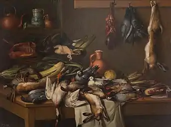 Pantry shelf, pitchers, and hunted game — various birds and hares.Kitchen Still Life with Game and Vegetables by José María Corchón; 1850–55, 140 × 187&nbsp;cm, Prado Museum.