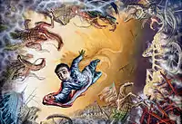 Painting on a ceiling of the Castillo de Chapultepec by Gabriel Flores depicting Juan Escutia&nbsp;[es] leaping from the castle walls to his death, wrapped in the Mexican flag in order to prevent the flag from falling into U.S. hands.