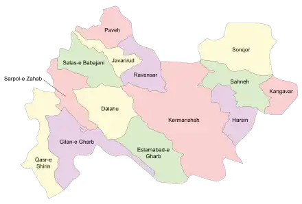 Location of Sarpol-e Zahab County in Kermanshah province (left, pink)