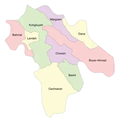 Location of Margown County in Kohgiluyeh and Boyer-Ahmad province (top, purple)