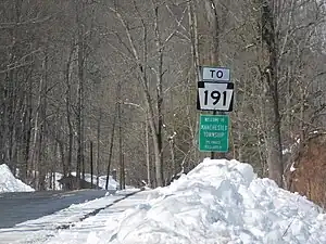 Signage off the Little Equinunk Bridge for Manchester Township and Route 191.