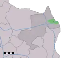 The town centre (dark green) and the statistical district (light green) of Noord Deurningen in the municipality of Dinkelland.