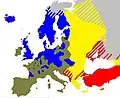 Approximate spread of Protestantism at the Reformation's peak. Islam is marked in red. Crypto-Protestants, Crypto-papists, and Crypto-Muslims are not shown.