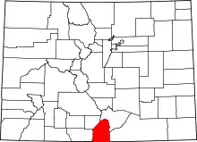 Map of Colorado highlighting Costilla County