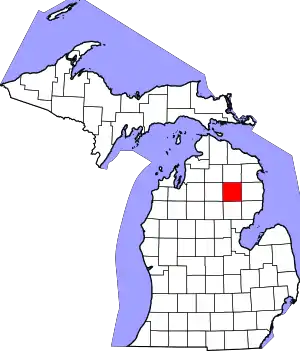 Map of Michigan highlighting Oscoda County