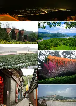 Top:A night view of Tongluo, Second left:Lonteng Ancient Bridge, Second right:Liyu Reserve Lake, Third left :Chunhsiang Strawberry Farm Park, Third right:Hakka Cultural Park, Bottom left: Osmamthus Street in Nanchuang, Bottom right:Mount Huoyen