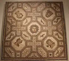 A mosaic showing Medusa and representational figures of the four seasons, from Palencia, Spain, made between 167 and 200&nbsp;AD