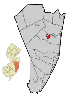 Location of Beachwood in Ocean County highlighted in red (right). Inset map: Location of Ocean County in New Jersey highlighted in orange (left).