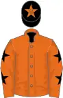 Orange, black stars on sleeves, black cap, orange star