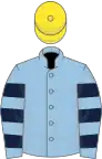Light blue, dark blue hooped sleeves, yellow cap