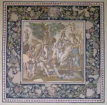 Judgment of Paris, marble, limestone and glass tesserae, 115–150&nbsp;AD; from the Atrium House triclinium in Antioch-on-the-Orontes