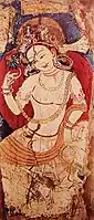 Mural of a Bodhisattva Maitreya at the entrance of the niche of the royal couple. Fondukistan monastery, circa 700 CE. National Museum of Afghanistan.