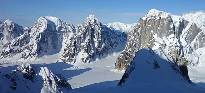 Left to right: Mt. Johnson, Mount Wake, Mt. Bradley, and Mt. Dickey from the east side of Ruth Gorge