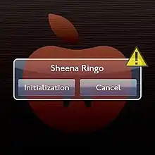 A digitally drawn red apple. In front of it is a computer prompt in the style of an Apple prompt, asking the used if they want to initialize of cancel Sheena Ringo.
