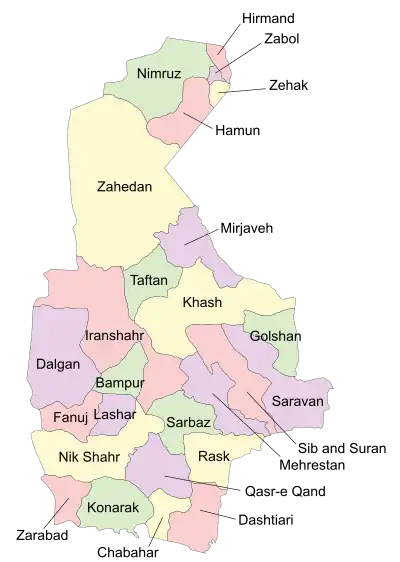 Location of Konarak County in Sistan and Baluchestan province (bottom, green)