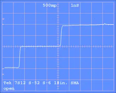 TDR of step into disconnected SMA male connector (non-precision open)horizontal: 1&nbsp;ns/divvertical: 0.5&nbsp;ρ/div