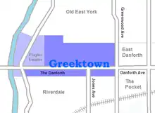 Location of GreektownΓκρικτάουν&nbsp;(Greek)The DanforthΤο Ντανφόρθ&nbsp;(Greek)