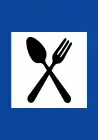 Depiction of a Greek road sign signifying dining in an area