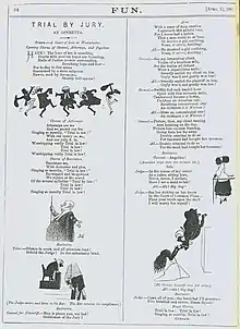 A page from a magazine with a short libretto in two columns, illustrated by quaint cartoons, which include a frieze of dancing lawyers and bailiffs.