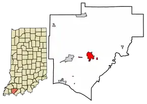 Location of Boonville in Warrick County, Indiana.