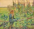 Knitting girl with hopfield in the background