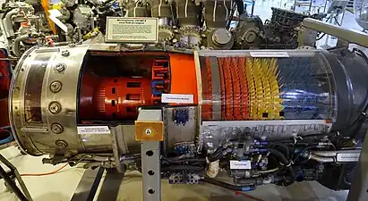Westinghouse J46 "walking stick" fuel vapouriser tubes in an annular combustor. Fuel vaporization was also used in the Sapphire, Viper, Pegasus, Olympus 593, and RB211 engines. Otherwise engines use some form of atomizing nozzle which converts fuel pressure in the fuel tube to kinetic energy in the combustor producing a well-atomized spray.