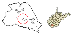 Location of Pineville in Wyoming County, West Virginia.