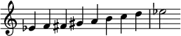 {
\override Score.TimeSignature #'stencil = ##f
\relative c' {
\clef treble \key c \major \time 8/4
es4 f fis gis a b c d es2
} }