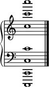 {
\override Score.TimeSignature #'stencil = ##f
\new PianoStaff <<
\new Staff \relative c' {
\clef treble \key c \major \time 4/4
<c' c' c'>1 \bar "|."
}
\new Staff \relative c' {
\clef bass \key c \major \time 4/4
<c c, c, c,>1
} >> }
