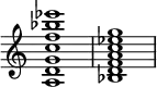 {
\override Score.TimeSignature #'stencil = ##f
\relative c' {
\clef treble \time 4/4 <a d g c f bes es>1 <bes d f a c es g>
} }