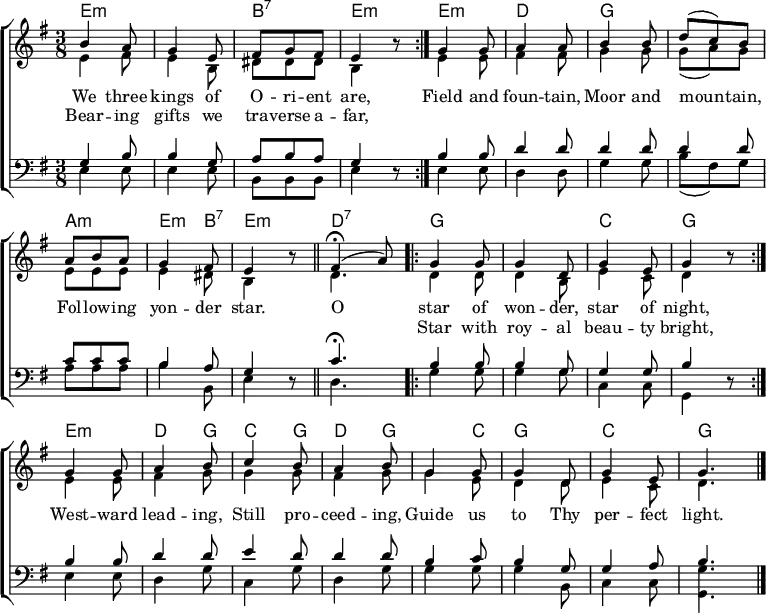 \header { tagline = ##f }
\layout { indent = 0 \set Score.tempoHideNote = ##t
\context { \Score \remove "Bar_number_engraver" }
\context { \Voice \consists "Melody_engraver" }
}
global = { \key e \minor \time 3/8 }
chordNames = \chordmode {
\global \set midiInstrument = #"acoustic guitar (steel)"
\repeat volta 2 { e4.:m\p | e:m | b:7 | e:m }
\once \set chordChanges = ##f e:m | d | g | g | a:m | e4:m b8:7 | e4.:m \bar "||"
d:7 | \repeat volta 2 { g | g | c | g | }
e:m | d4 g8 | c4 g8 | d4 g8 | g4 c8 | g4. | c | g \bar "|."
}
soprano = \relative c'' {
\global \set midiInstrument = #"trumpet" \tempo 4=100
\repeat volta 2 { b4 a8 | g4 e8 | fis g fis | e4 r8 | }
g4 g8 | a4 a8 | b4 b8 | d (c) b | a b a | g4 fis8 | e4 r8 \bar "||"
\tempo 4=45 fis4\fermata (\tempo 4=24 a8) | \tempo 4=100 \repeat volta 2 { g4 g8 | g4 d8 | g4 e8 | g4 r8 | }
g4 g8 | a4 b8 | c4 b8 | a4 b8 |
g4 g8 | g4 d8 | g4 e8 | g4. \bar "|."
}
alto = \relative c' {
\global \set midiInstrument = #"trumpet"
\repeat volta 2 { e4 fis8 | e4 b8 | dis dis dis | b4 r8 | }
e4 e8 | fis4 fis8 | g4 g8 | g (a) g | e e e |e4 dis8 | b4 r8 \bar "||"
d4. | \repeat volta 2 { d4 d8 | d4 b8 |e4 c8 | d4 r8 | }
e4 e8 |fis4 g8 | g4 g8 | fis4 g8 | g4 e8 | d4 d8 | e4 c8 | d4. \bar "|."
}
tenor = \relative c' {
\global \set midiInstrument = #"french horn"
\repeat volta 2 { g4 b8 | b4 g8 | a b a | g4 r8 | }
b4 b8 |d4 d8 | d4 d8 | d4 d8 | c c c | b4 a8 g4 r8 \bar "||"
c4.\fermata | \repeat volta 2 { b4 b8 | b4 g8 | g4 g8 | b4 r8 | }
b4 b8 |d4 d8 | e4 d8 |d4 d8 | b4 c8 | b4 g8 | g4 a8 | b4. \bar "|."
}
bass = \relative c {
\global \set midiInstrument = #"french horn"
\repeat volta 2 { e4 e8 | e4 e8 | b b b | e4 r8 | }
e4 e8 |d4 d8 | g4 g8 | b (fis) g | a a a | b4 b,8 | e4 r8 \bar "||"
d4. | \repeat volta 2 { g4 g8 | g4 g8 | c,4 c8 | g4 r8 | }
e'4 e8 | d4 g8 | c,4 g'8 | d4 g8 | g4 g8 | g4 b,8 | c4 c8 | <g g'>4. \bar "|."
}
verse = \lyricmode {
We three kings of O -- ri -- ent are,
Field and foun -- tain, Moor and moun -- tain,
Fol -- low -- ing yon -- der star.
O star of won -- der, star of night,
West -- ward lead -- ing,
Still pro -- ceed -- ing,
Guide us to Thy per -- fect light.
}
verseR = \lyricmode { % This is a terrible hack to get the lyrics aligned.
Bear -- ing gifts we tra -- verse a -- far,
"" "" "" "" "" "" "" "" "" "" "" "" "" "" "" Star with roy -- al beau -- ty bright,
}
chordsPart = \new ChordNames { \set chordChanges = ##t \chordNames }
choirPart = \new ChoirStaff <<
\new Staff \with { \consists "Merge_rests_engraver" }
<<
\new Voice = "soprano" { \voiceOne \soprano }
\new Voice = "alto" { \voiceTwo \alto }
>>
\new Lyrics \lyricsto "soprano" \verse
\new Lyrics \lyricsto "soprano" \verseR
\new Staff \with { \consists "Merge_rests_engraver" }
<<
\clef bass
\new Voice = "tenor" { \voiceOne \tenor }
\new Voice = "bass" { \voiceTwo \bass }
>>
>>
\score {
<<
\chordsPart
\choirPart
>>
\layout { }
}
\score { \unfoldRepeats { << \chordsPart \\ \soprano \alto \\ \tenor \bass >> }
\midi {
\context { \Score midiChannelMapping = #'instrument }
\context { \Staff \remove "Staff_performer" }
\context { \Voice \consists "Staff_performer" }
}
}